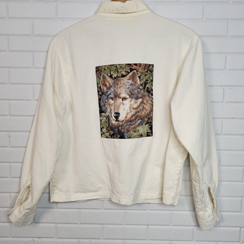 Vtg 1990s CRT Wolf Applique Shacket Sz L Cream Denim Western Rustic Jacket - Picture 7 of 9